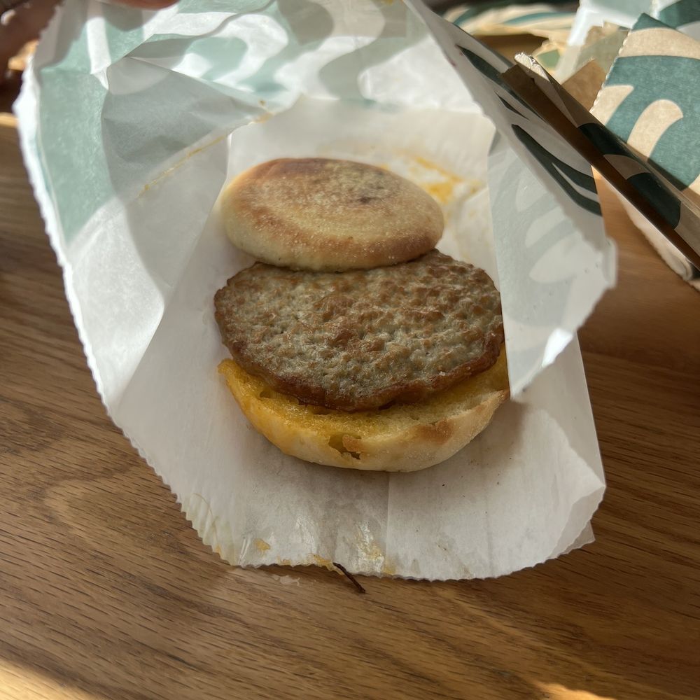 Starbucks - So much for my Sausage & Cheddar Breakfast Sandwich, all the cheese is on the bottom. - Coffee & Tea Near Me - Chino, California