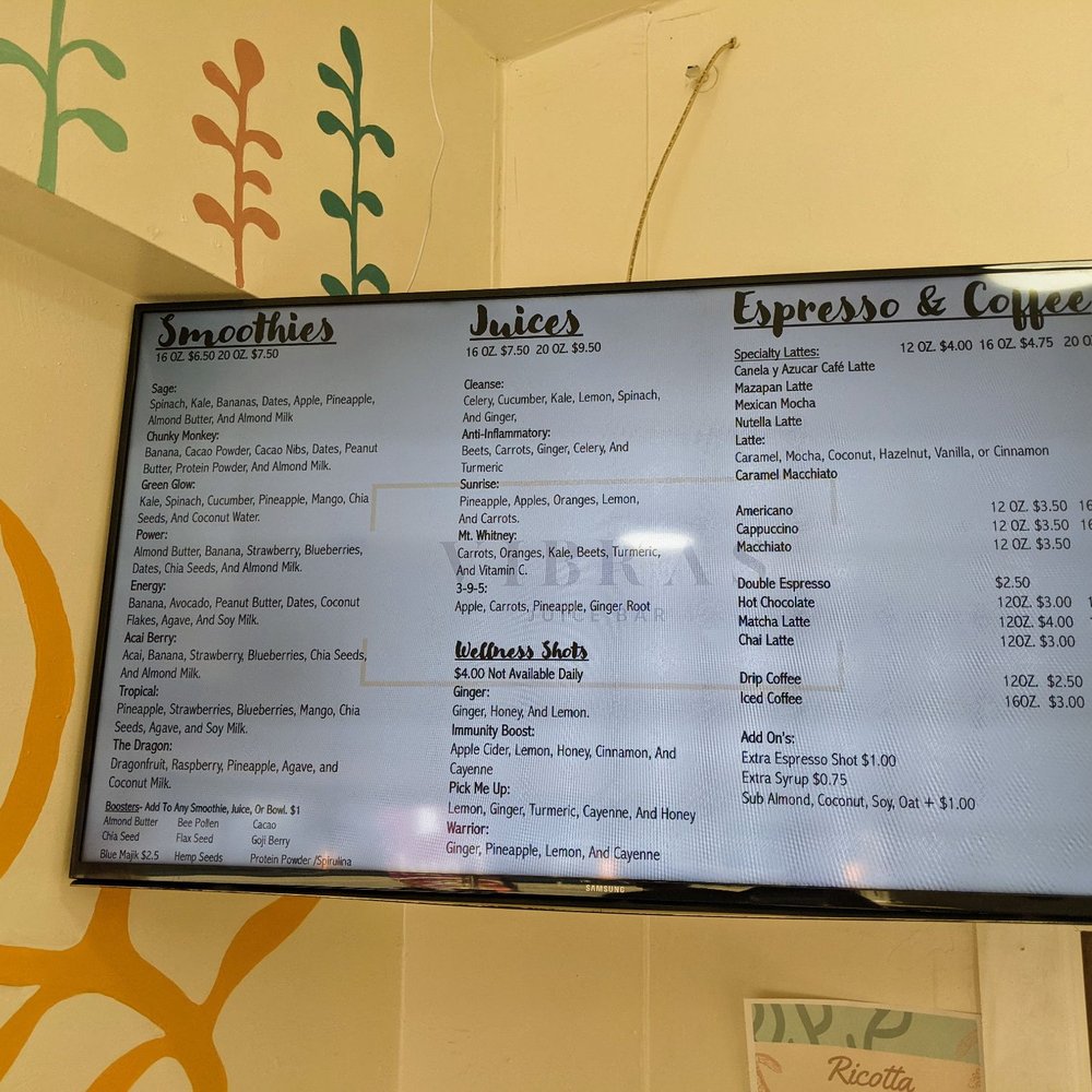 Vibras Juice Bar - Menu of smoothies, juices, and caffeine - Coffee & Tea Near Me - Lone Pine, California Vibras Juice Bar - Menu of smoothies, juices, and caffeine - Coffee & Tea Near Me - Lone Pine, California