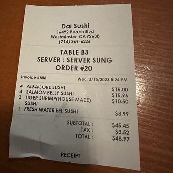 DAI Sushi - Recipt - Japanese Near Me - Westminster, California