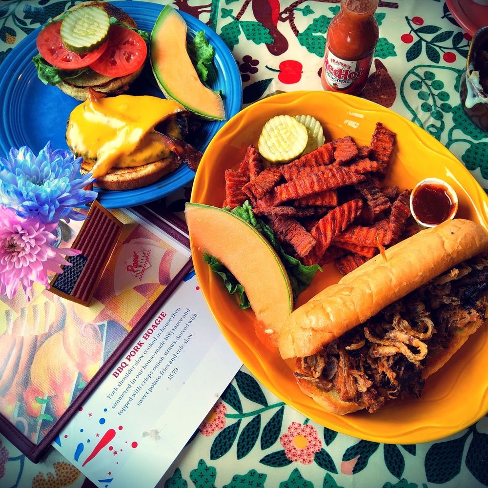 Pipers Restaurant - Bacon Cheeseburger, Sweet Potato Fries and Pulled Pork Hoegie - American Near Me - Flat Rock, Michigan