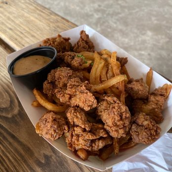 Cottonwood - Chicken fried steak bites. Perfect for sharing. The fries aren't as crispy though. (Which I personally love crunch fries!!) - New American Near Me - Houston, Texas Cottonwood - Chicken fried steak bites. Perfect for sharing. The fries aren't as crispy though. (Which I personally love crunch fries!!) - New American Near Me - Houston, Texas