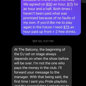 Balcony Club - a text message from the owner - Dance Clubs Near Me - Boise, Idaho