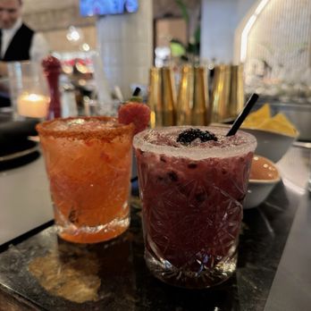 Caló Kitchen + Tequila - Blackberry margarita and Strawberry Jalapeño margarita - Cocktail Bars Near Me - Costa Mesa, California