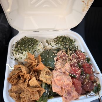 Jus' Poke - Large Shoyu, Spicy Poke with Wonton Crisps and Pickled Cucumbers - Hawaiian Near Me - Redondo Beach, California