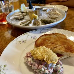Oysters, beef tartare topped with a crispy oyster