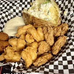The Lighthouse Restaurant - Fried Shrimp, oysters, hush puppies, baked potato.