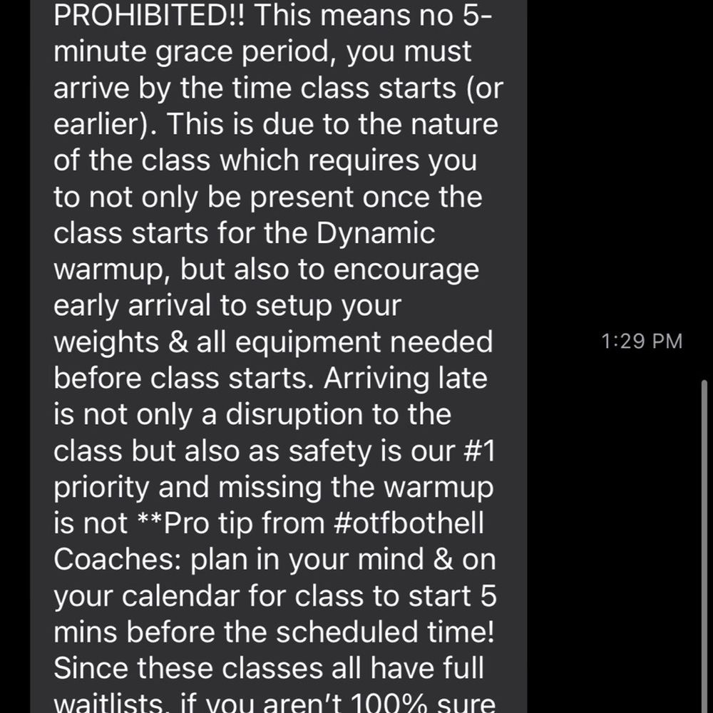 The text message I got 30 seconds before the class started to let me know if I wasn't there in 30 seconds I couldn't join the class. The text message I got 30 seconds before the class started to let me know if I wasn't there in 30 seconds I couldn't join the class.