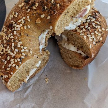 P. L. Bagels - Whole wheat everything bagel with garlic bacon basil cream cheese - Bagels Near Me - San Diego, California P. L. Bagels - Whole wheat everything bagel with garlic bacon basil cream cheese - Bagels Near Me - San Diego, California