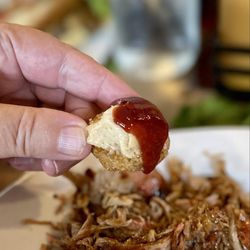 The Hideaway - Hush puppy with honey butter and blackberry bbq sauce - heavenly taste