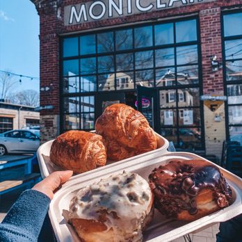 Montclair Bread Company - Top: chocolate croissant (BOMB), plain croissant  Bottom: pistachio doughnut (bomb), chocolate hazelnut doughnut (very sweet) - Bakeries Near Me - Montclair, New Jersey