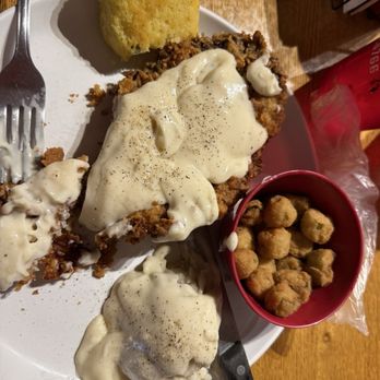 The Red B Restaurant - CFS with mashed potatoes and okra with jalapeño cornbread - American Near Me - Idabel, Oklahoma
