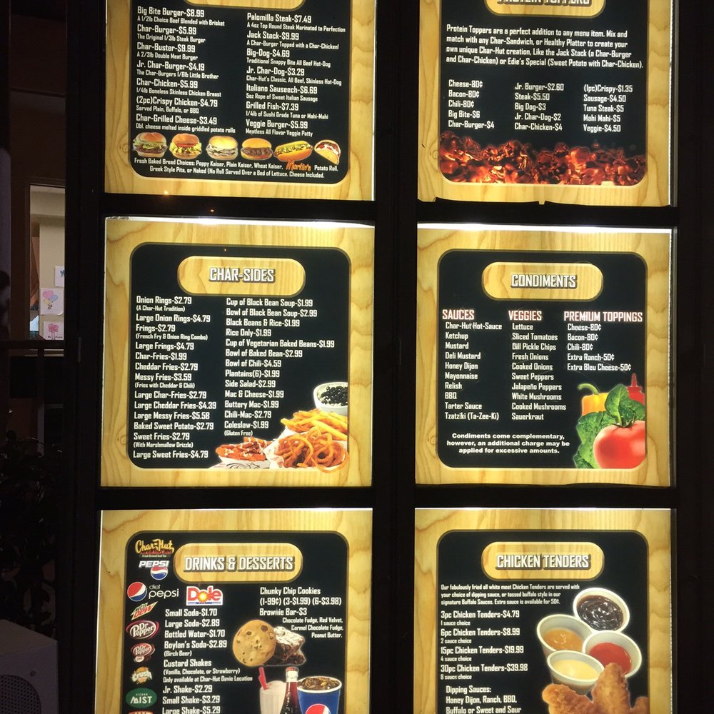 Char-Hut - Part of the drive through menu. - Burgers Near Me - Davie, Florida Char-Hut - Part of the drive through menu. - Burgers Near Me - Davie, Florida