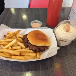 Plain burger, fries & banana pudding. Plain burger, fries & banana pudding.
