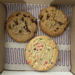 Insomnia Cookies - Vegan Peanut Miso Ramen, Vegan Birthday Cake, Vegan Chocolate Chunk (from top R, clockwise)