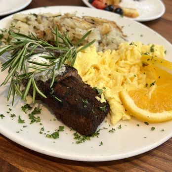 Plums Cafe - 9/12/2023 FLAT IRON STEAK & TWO EGGS. ORDER IT! - Breakfast & Brunch Near Me - Costa Mesa, California