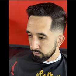 Rosco The Barber - Mid bald fade combover w/ razor beard trim.
