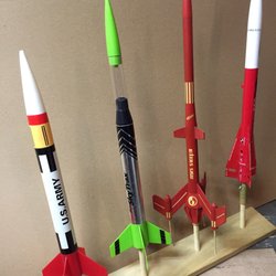 Estes Industries - Part of the current fleet:  Patriot RTF, SkyTrax, Mars Snooper II (c1988), Heatseeker (homemade display stand)