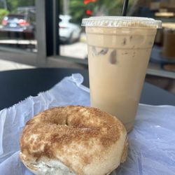 Bagels Etc - Cinnamon sugar bagel with iced coffee