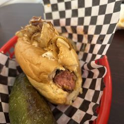 Porkys Clubhouse Grill - Porky dog, add grilled onions and jalapeño