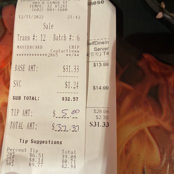 Dragon Flame Chinese Grill - Bill presented for meal and bill returned after using credit card with "SVC" fee added. - Noodles Near Me - Tempe, Arizona Dragon Flame Chinese Grill - Bill presented for meal and bill returned after using credit card with "SVC" fee added. - Noodles Near Me - Tempe, Arizona