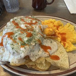 Country Fried Steak, scrambled eggs with cheese topping. Splash of my favorite Cholula hot sauce. Yum!! Country Fried Steak, scrambled eggs with cheese topping. Splash of my favorite Cholula hot sauce. Yum!!