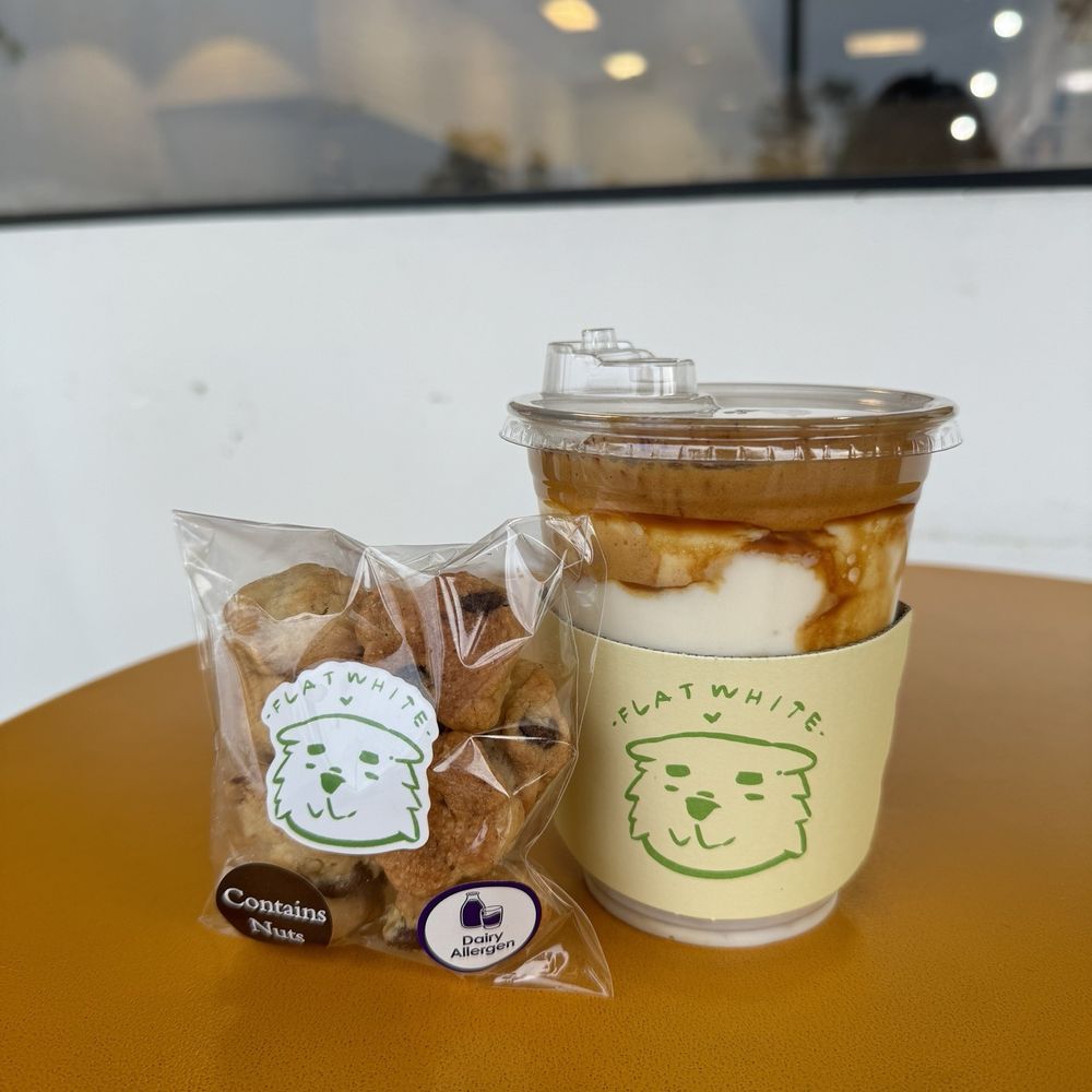 Flat White Coffee - Choco walnut cookies & Einspänner - Cafes Near Me - Cypress, California Flat White Coffee - Choco walnut cookies & Einspänner - Cafes Near Me - Cypress, California