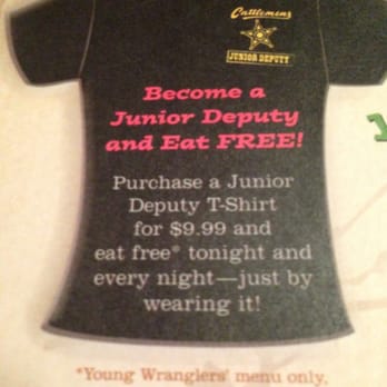 Cattlemens - Young Wrangler - 12 and under buy a shirt for $9.99, and kids eat free every time they wear it! - Seafood Near Me - Dixon, California Cattlemens - Young Wrangler - 12 and under buy a shirt for $9.99, and kids eat free every time they wear it! - Seafood Near Me - Dixon, California
