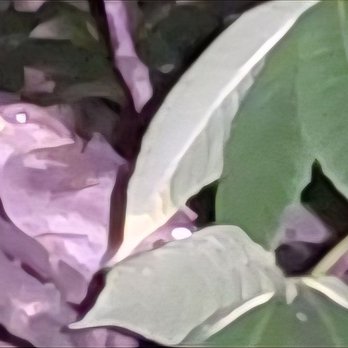 Dumont Arboretum - An adorable sparrow up one of the trees - A photo of leaves with a watercolor filter, showing green and purple foliage with soft edges. - Botanical Gardens Near Me - Dumont, New Jersey