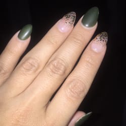 Ameriasian Nails & Tan - Matte green with gold glitter