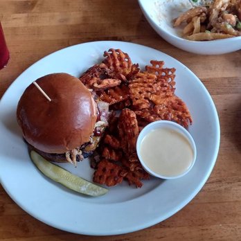The Depot Restaurant - Bacon Brisket Burger and Sweet Potato Waffle Fries - Gastropubs Near Me - Green Bay, Wisconsin