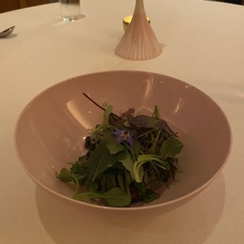 March - Preboggion | Green farro, candied eggplant, sunflower seed butter, chicory oil - Mediterranean Near Me - Houston, Texas