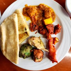 Madras Indian Grill - Buffet- Cilantro dosa, kadai paneer, mushroom and fish 65, and mixed chicken kebab
