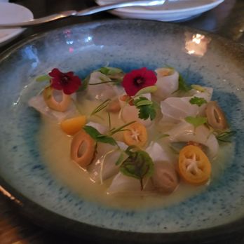 Noreetuh - Japanese snapper Crudo with kumquat, passionfruit gelee and crush almonds - New American Near Me - New York, New York Noreetuh - Japanese snapper Crudo with kumquat, passionfruit gelee and crush almonds - New American Near Me - New York, New York