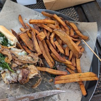 Running Goose - Half eaten mushroom cheese sandwich. BEST fries ever! - Gastropubs Near Me - Los Angeles, California Running Goose - Half eaten mushroom cheese sandwich. BEST fries ever! - Gastropubs Near Me - Los Angeles, California