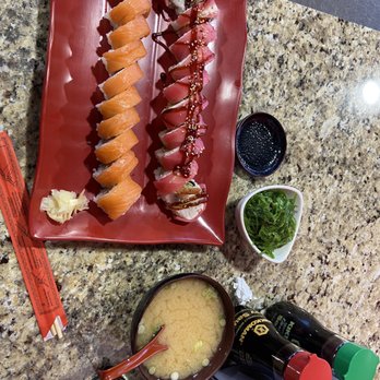 Lee Sushi - Dragon Roll (Salmon), Mars Roll (red one) Seaweed Salad & Miso Soup - Asian Fusion Near Me - Sandy, Utah Lee Sushi - Dragon Roll (Salmon), Mars Roll (red one) Seaweed Salad & Miso Soup - Asian Fusion Near Me - Sandy, Utah