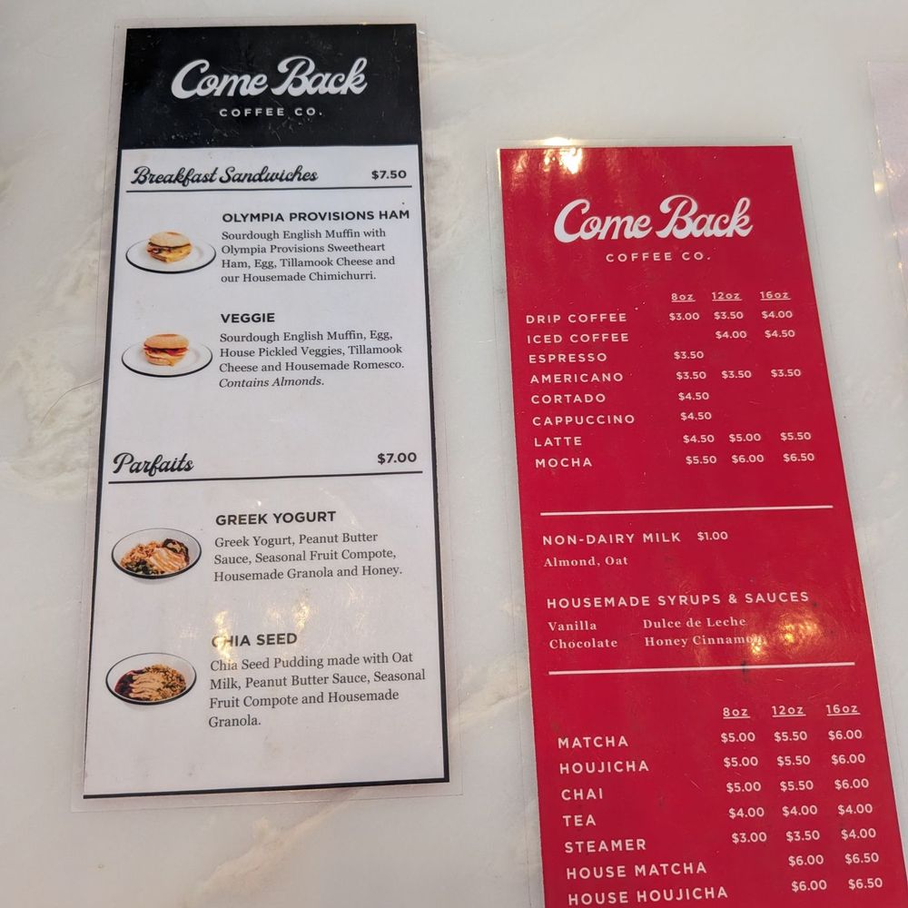 Come Back Coffee - Menu as of 5/3/26 - Coffee & Tea Near Me - La Mesa, California