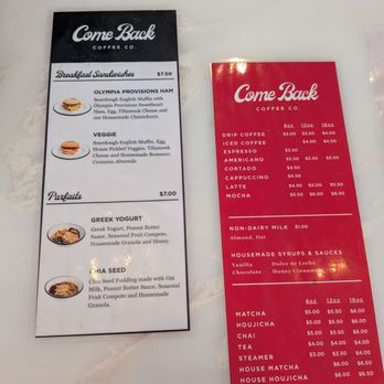 Come Back Coffee - Menu as of 5/3/26 - Coffee & Tea Near Me - La Mesa, California