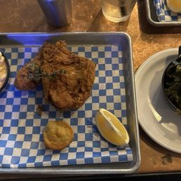 Chicken, mac and cheese, and collard greens Chicken, mac and cheese, and collard greens