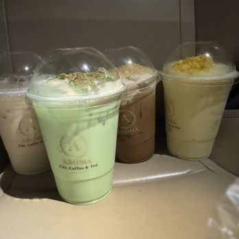Aroma - From left to right: Hojicha MT, Pandan MT, Durian Coffee, Mango Yogurt - Desserts Near Me - San Jose, California Aroma - From left to right: Hojicha MT, Pandan MT, Durian Coffee, Mango Yogurt - Desserts Near Me - San Jose, California