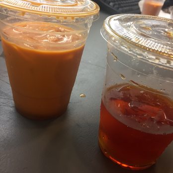 Sushi Island - Trying both Lychee Thai Ice Tea and Thai Ice Tea. Lychee for the win! With actual lychee fruit inside - Sushi Bars Near Me - Elmhurst, New York