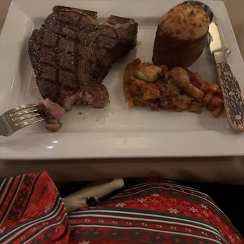 Porterhouse - Dinner is served 20oz Porterhouse steak twice baked potato and veggies - Steakhouses Near Me - San Mateo, California
