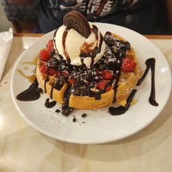 Yolkville Cafe - Oreo waffle with added raspberries.