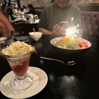 Lily - Dessert of bowl of shave ice with kiwi juice & berry juice & fresh fruit. Cup of ice cream with strawberries & fresh shucked corn. - Vietnamese Near Me - San Francisco, California