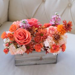 Studio Le Botanique - Blood Orange Box with roses, gerbera, bush roses, matthiola, chrysanthemum, marigold, carnations, hydrangea.
