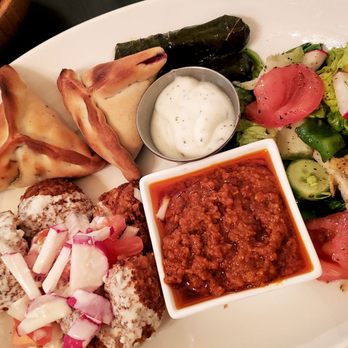 Aida's Mediterranean Bistro - Vegetarian Delight Platter: fatayer, grape leaves, falafel and choose the fattoush salad and substitute mouhammara - Mediterranean Near Me - Calgary, Alberta