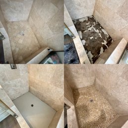 Cracked shower pan tiles. Before, during and after. Cracked shower pan tiles. Before, during and after.