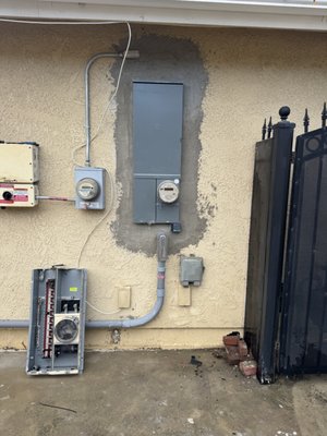 Main panel upgrade - I had a customer call me right before Christmas because his panel had been blown up by a prior company. I was able to get out there before Christmas within a few days get his panel reinstalled and reconnected with PG&E. Main panel upgrade - I had a customer call me right before Christmas because his panel had been blown up by a prior company. I was able to get out there before Christmas within a few days get his panel reinstalled and reconnected with PG&E.