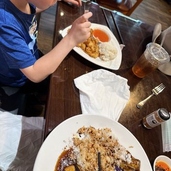 18 Malaysia - Sliced chicken with eggplant, and hot chili oil with sprinkled togarashi, and crispy chicken with rice. - Malaysian Near Me - Winston-Salem, North Carolina 18 Malaysia - Sliced chicken with eggplant, and hot chili oil with sprinkled togarashi, and crispy chicken with rice. - Malaysian Near Me - Winston-Salem, North Carolina