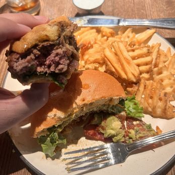The SnakeBite Restaurant - Rattlesnake burger, medium as they cook it. If you want it cooked another way let them know. Waffle fries and ranch. - Burgers Near Me - Idaho Falls, Idaho