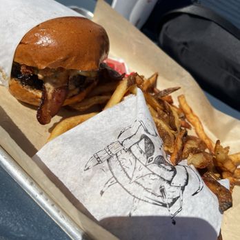 Grill 'Em All - Burger of the day and plain fries that were seasoned just right! - Burgers Near Me - Long Beach, California